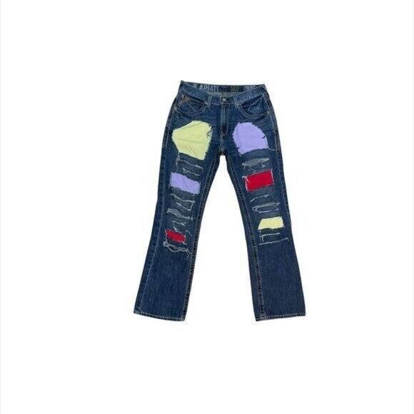 ARIAT Denim Blue M5 Low Rise Straight 31x34 Blue Jeans W/ Patches Distressed - Picture 1 of 12